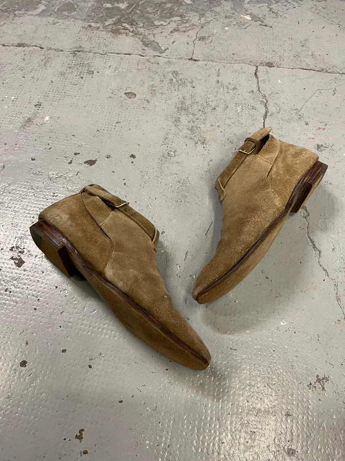 Saint Laurent Beige Suede Strap Camel Leather Boots - Image 2