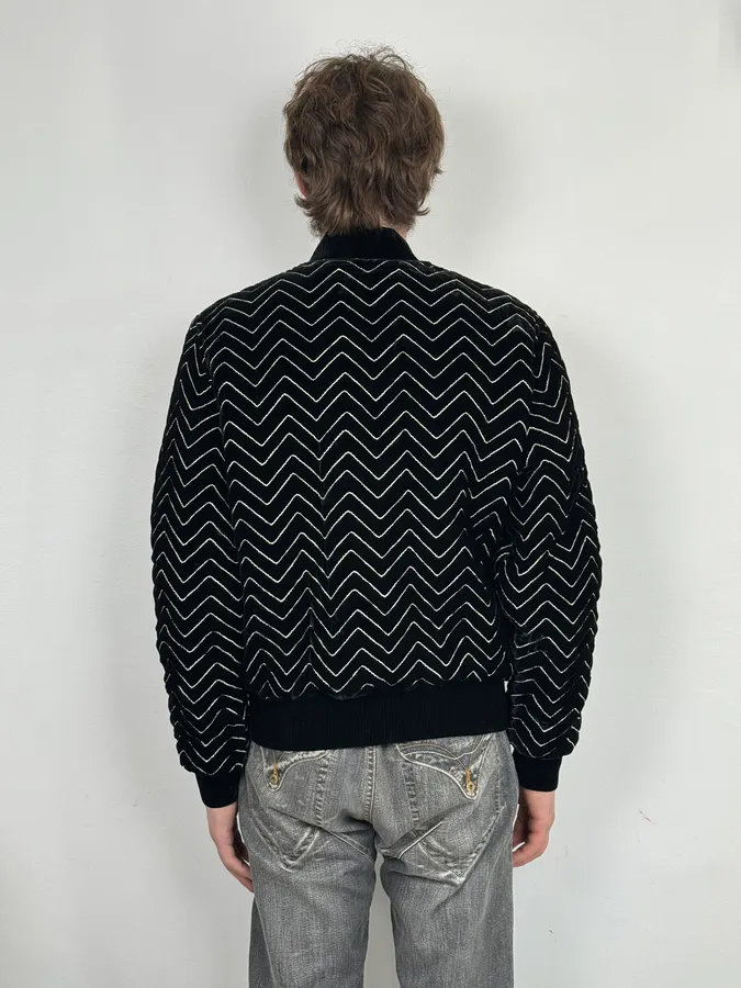 Saint Laurent Black Velvet Quilted Zigzag Bomber Jacket - Image 3