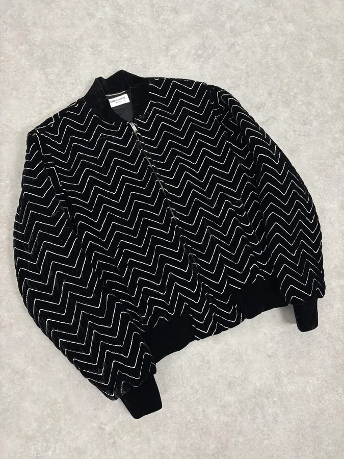 Saint Laurent Black Velvet Quilted Zigzag Bomber Jacket - Image 4