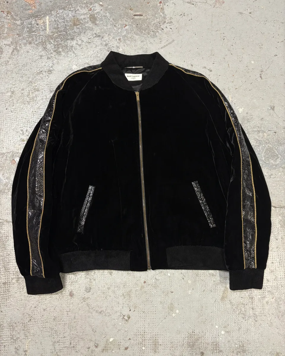 Saint Laurent Black Velvet Snakeskin Effect Armband Bomber Jacket