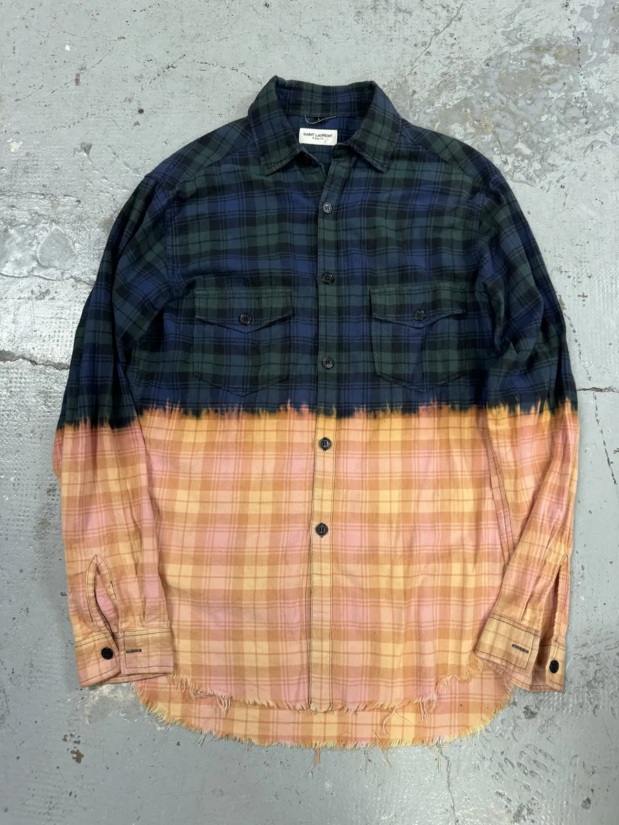 Saint Laurent Bleached Effect Checkered Green & Beige Fire Shirt