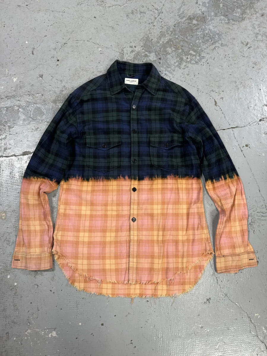 Saint Laurent Bleached Effect Checkered Green & Beige Fire Shirt - Image 5