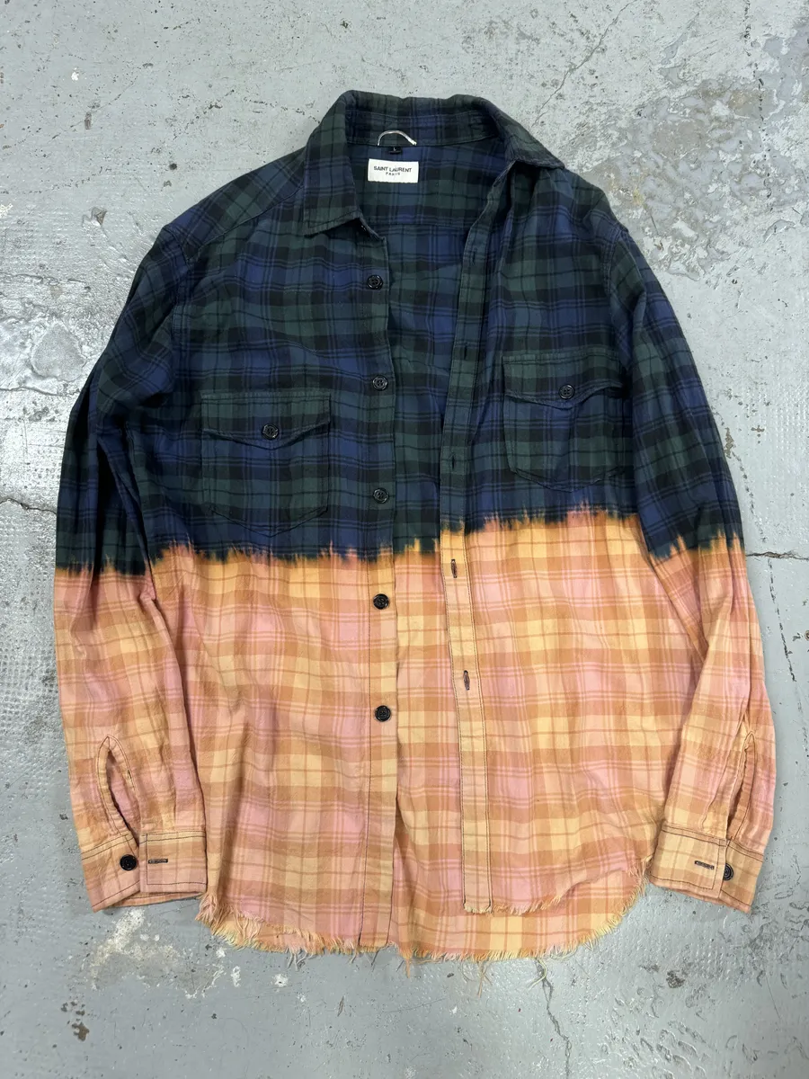 Saint Laurent Bleached Effect Checkered Green & Beige Fire Shirt - Image 8