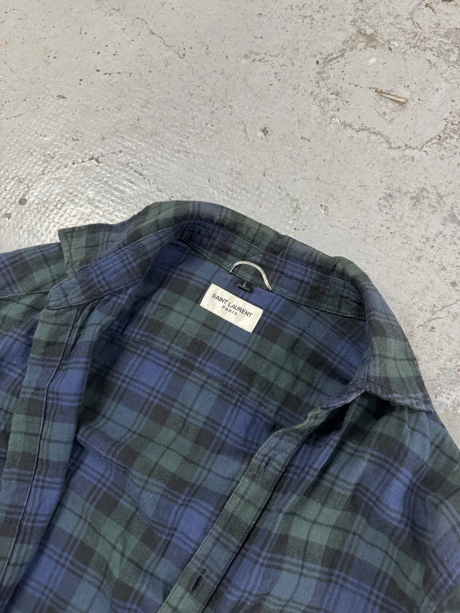 Saint Laurent Bleached Effect Checkered Green & Beige Fire Shirt - Image 9