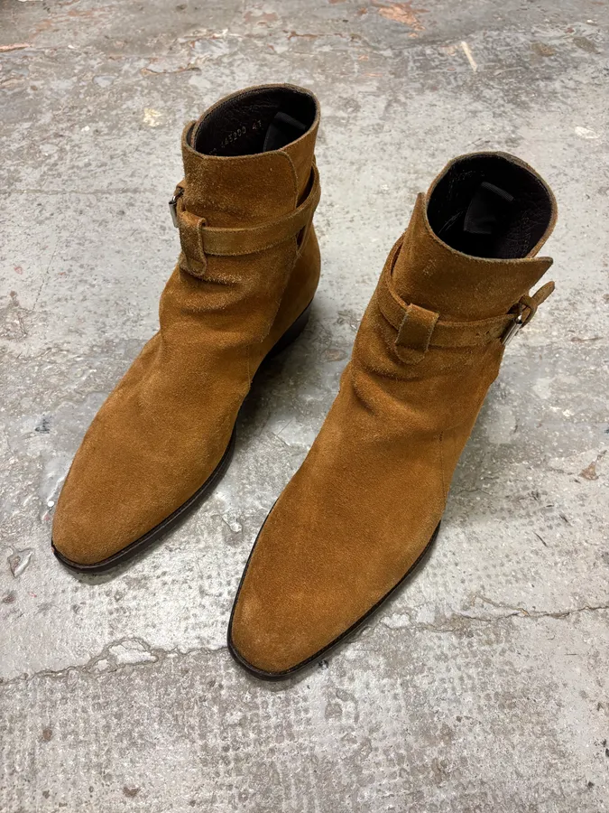 Saint Laurent Camel Suede High Ankle Boots - Image 3
