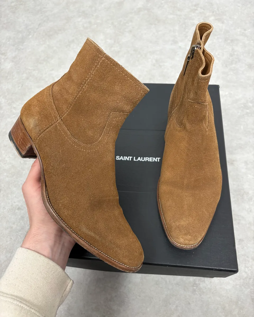 Saint Laurent Camel Suede Leather Ankle Boots
