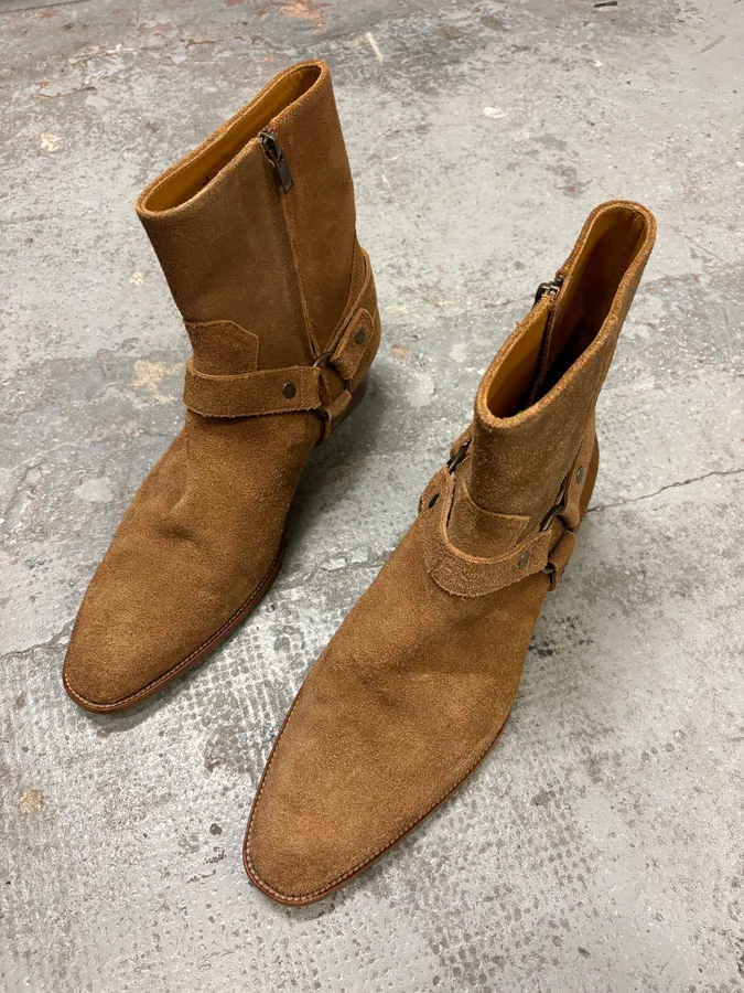 Saint Laurent Camel Suede Leather Ankle Cowboy Boots - Image 3
