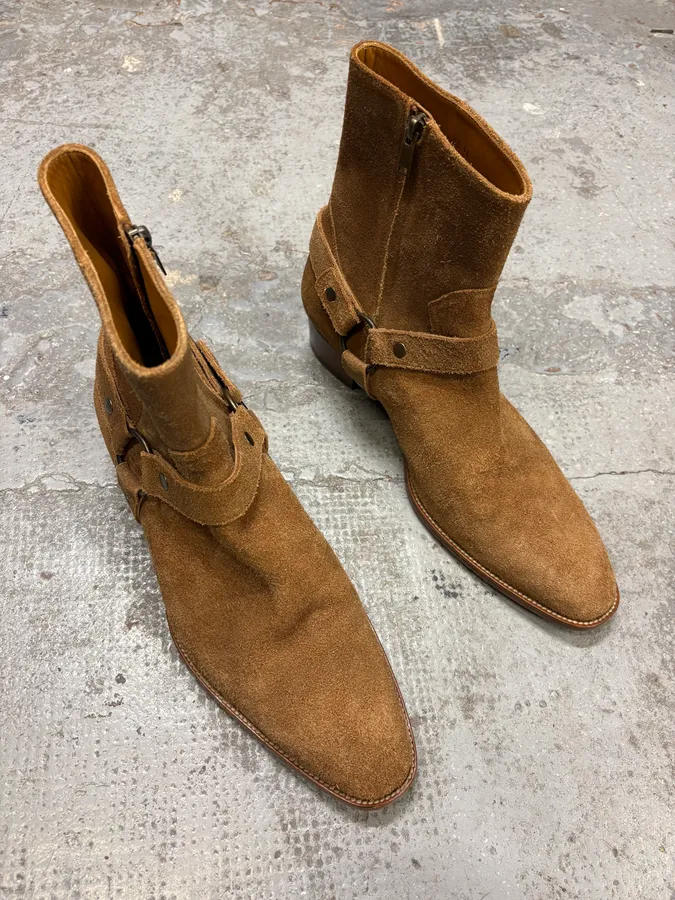 Saint Laurent Camel Suede Leather Ankle Cowboy Boots - Image 4
