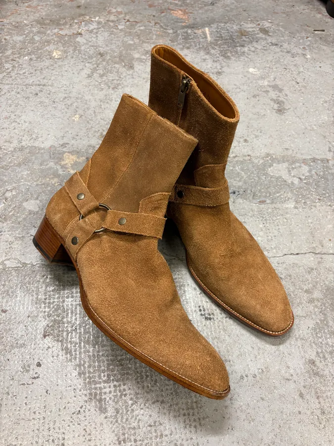 Saint Laurent Camel Suede Leather Ankle Cowboy Boots - Image 5
