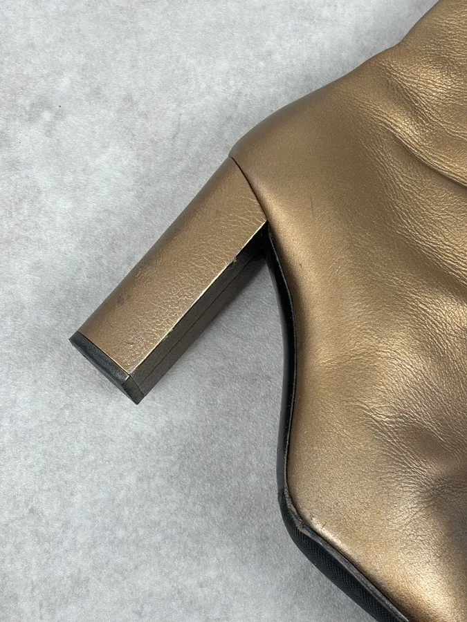 Saint Laurent Gold Leather Ruched Block Heel Bootie - Image 12