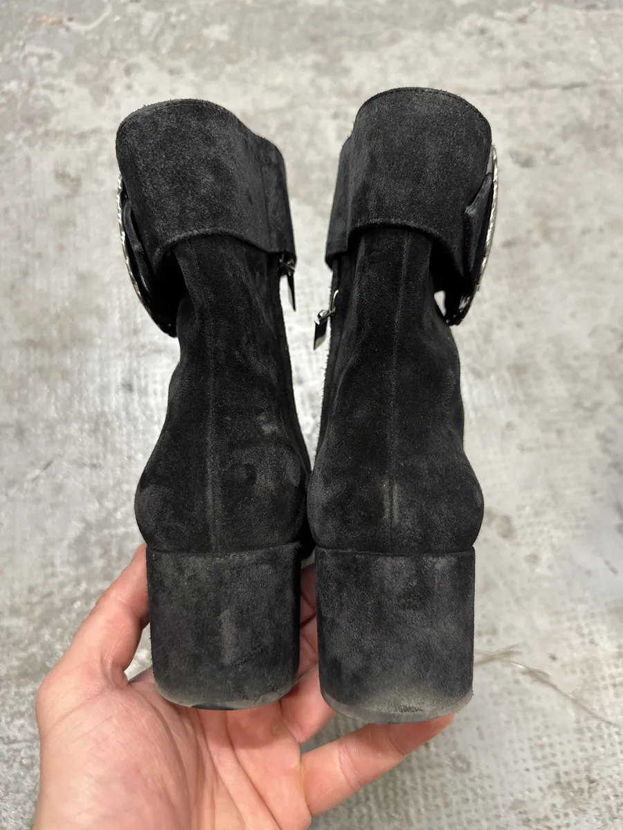 Saint Laurent Navy Suede Ankle Metallic Buckle Boots - Image 6