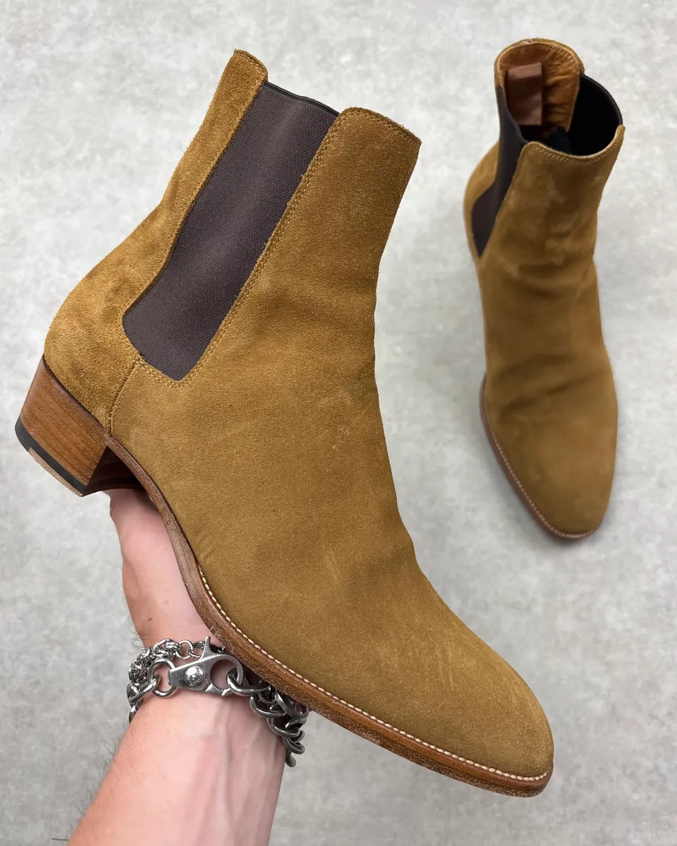 Saint Laurent Paris Wyatt Suede Beige Leather Boots