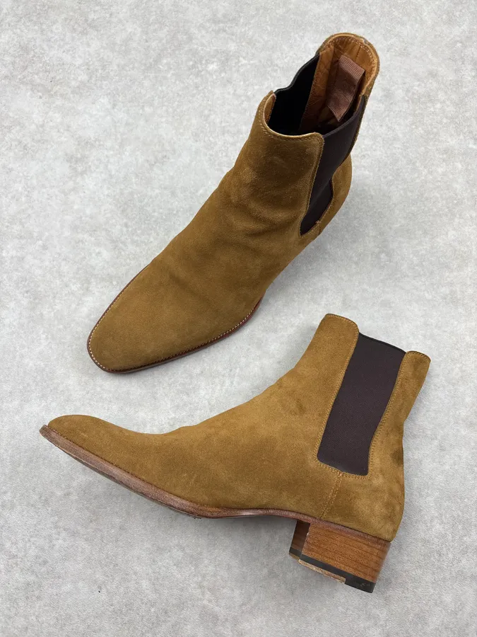 Saint Laurent Paris Wyatt Suede Beige Leather Boots - Image 5