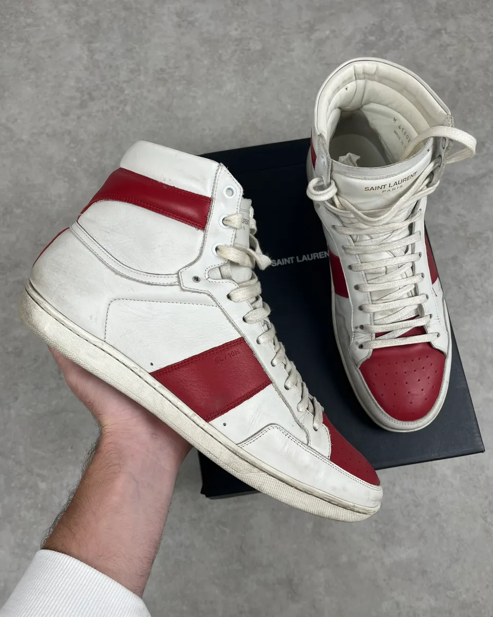 Saint Laurent SL White & Red High Top Leather Sneakers