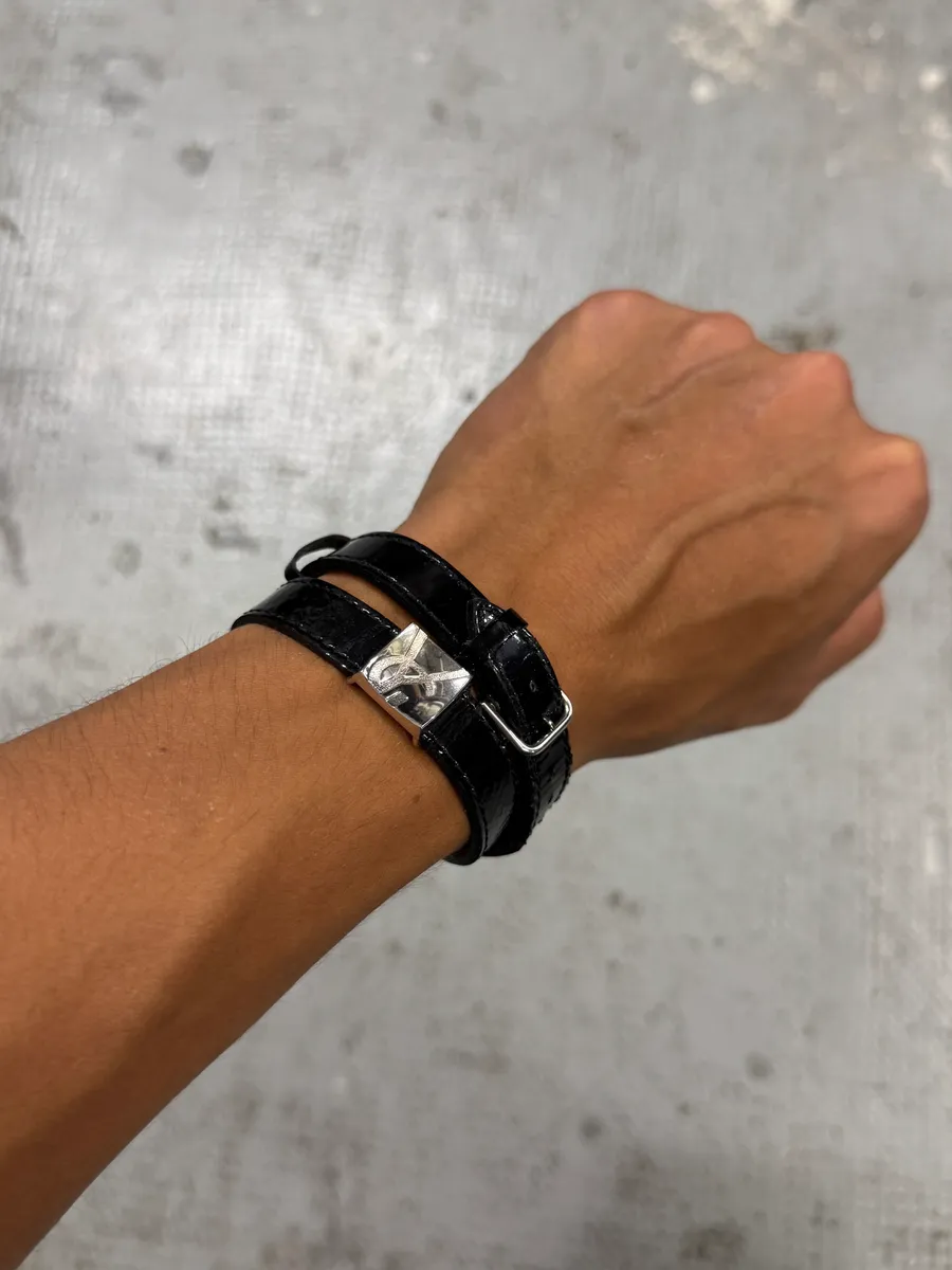 Saint Laurent Sliced YSL Black Leather Bracelet
