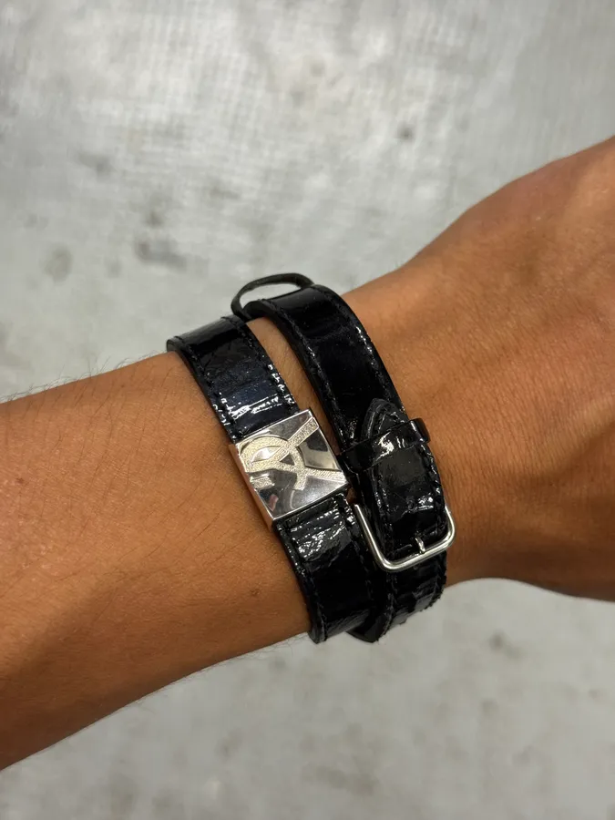 Saint Laurent Sliced YSL Black Leather Bracelet - Image 2
