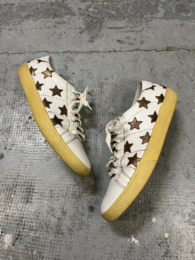 Saint Laurent White & Gold Stars Leather Sneakers - Image 2