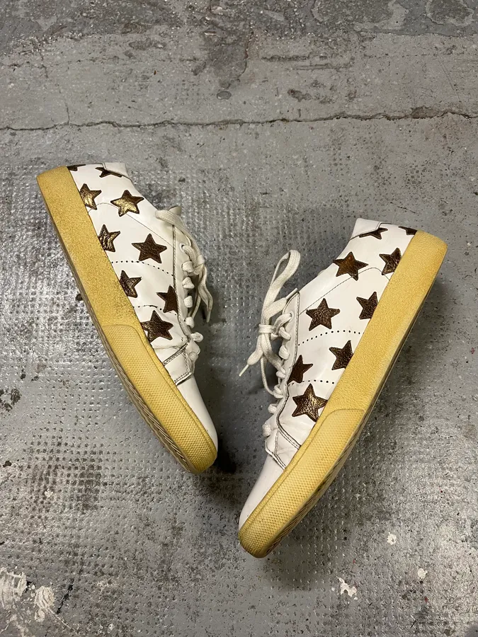 Saint Laurent White & Gold Stars Leather Sneakers - Image 3
