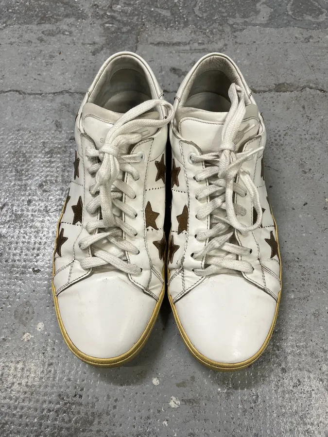 Saint Laurent White & Gold Stars Leather Sneakers - Image 4