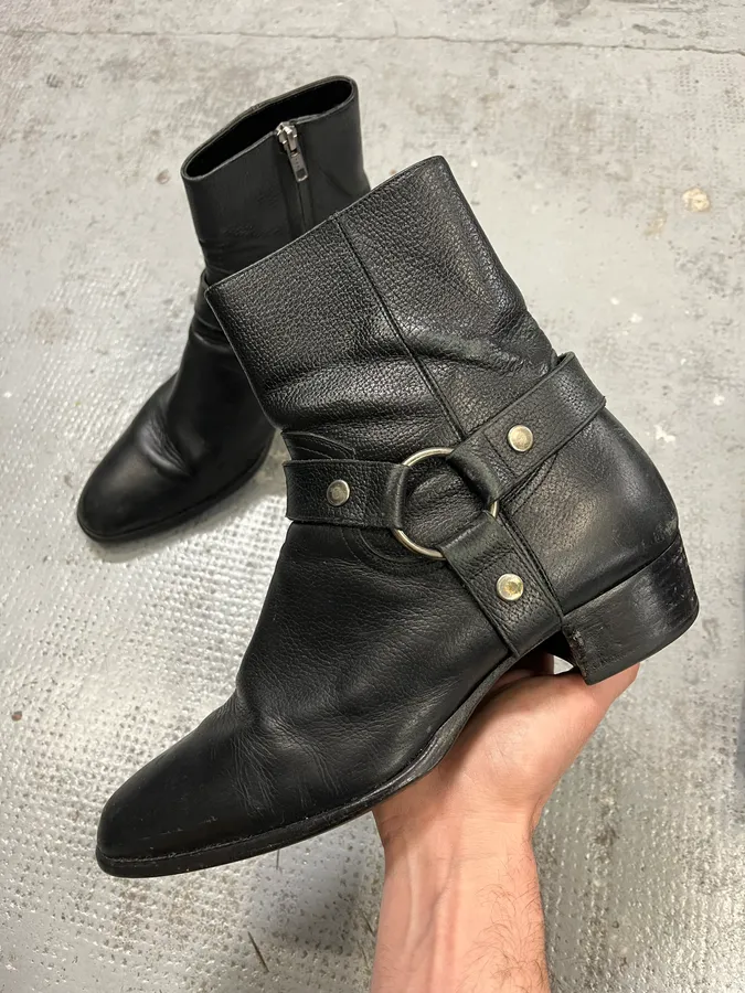 Saint Laurent Wyatt Buckle Black Leather Boots