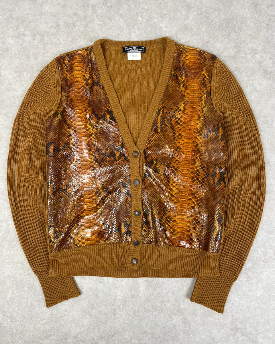Salvatore Ferragamo Camel Cashmere Python Leather Cardigan