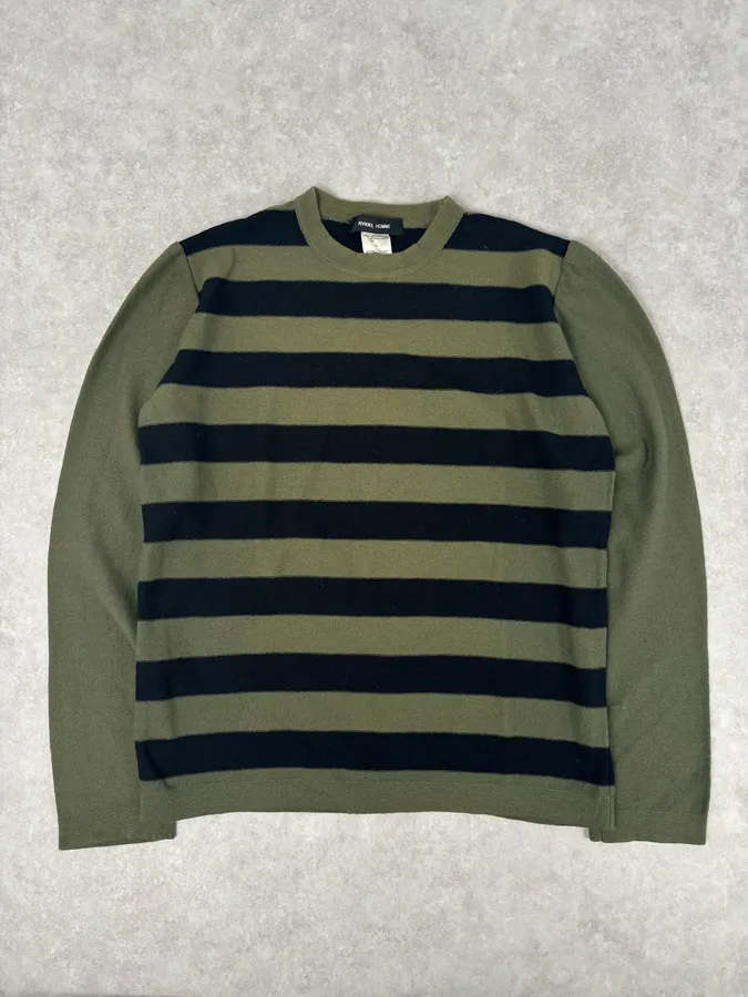 Sonia Rykiel Khaki & Black Merino Wool Striped Crewneck Sweater