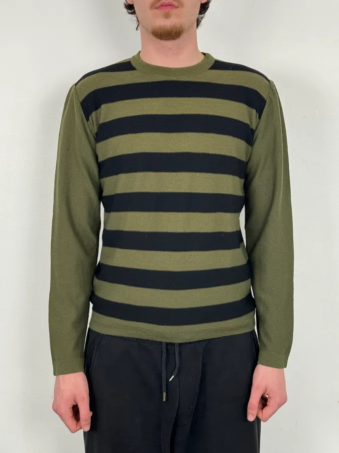 Sonia Rykiel Khaki & Black Merino Wool Striped Crewneck Sweater - Image 2