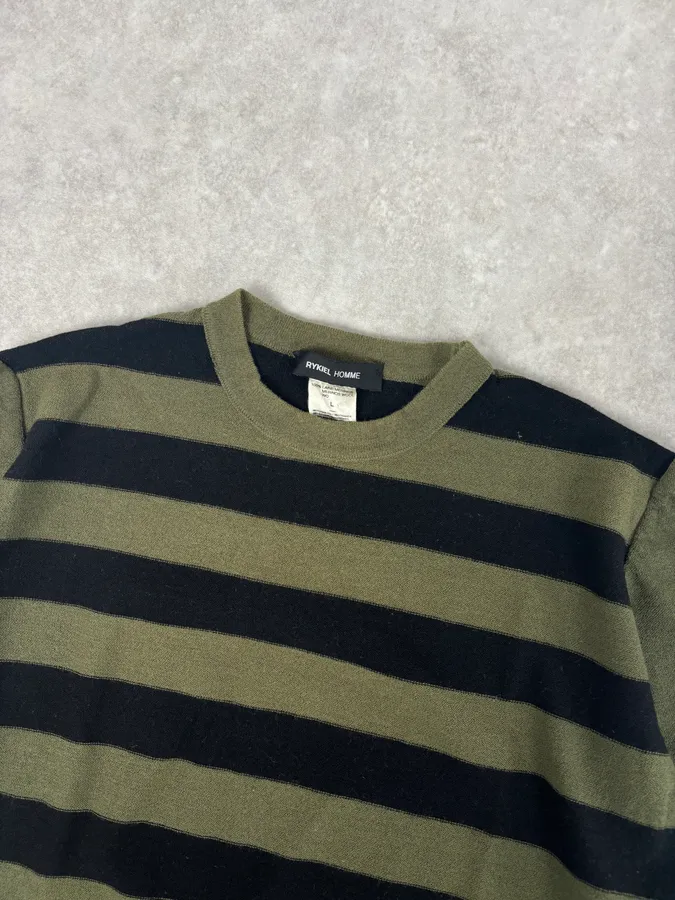 Sonia Rykiel Khaki & Black Merino Wool Striped Crewneck Sweater - Image 4
