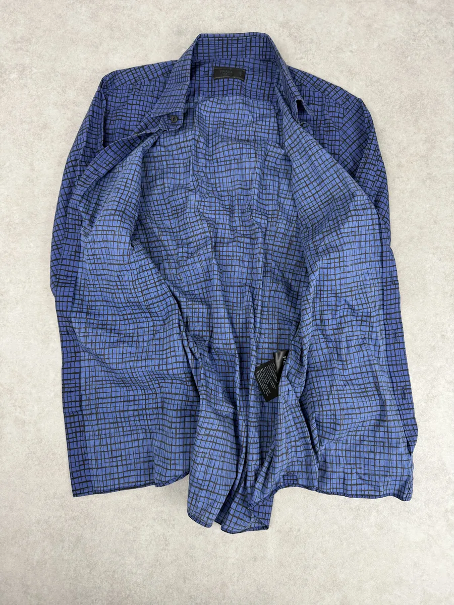 SS02018 Prada Blue & Black Checkered Abstract Shirt - Image 6