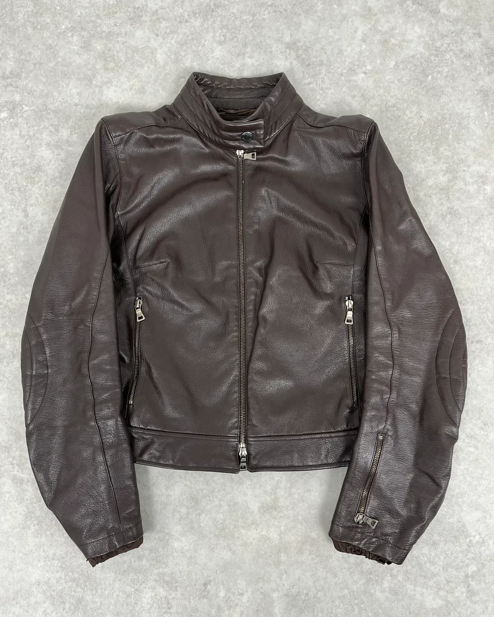SS2000 Prada Brown Padded Biker Leather Jacket