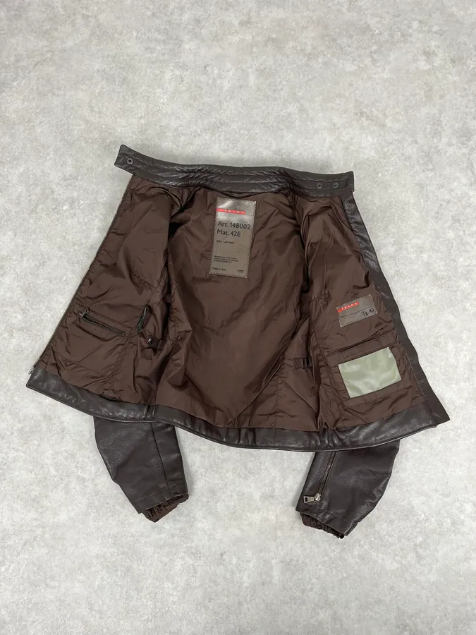 SS2000 Prada Brown Padded Biker Leather Jacket - Image 10