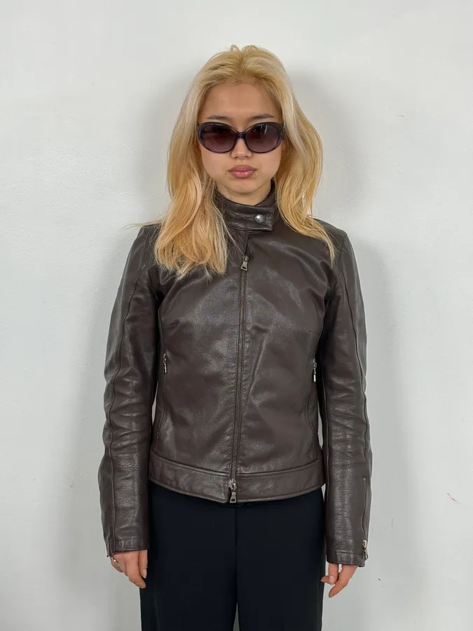 SS2000 Prada Brown Padded Biker Leather Jacket - Image 2