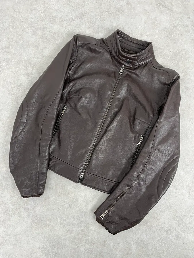 SS2000 Prada Brown Padded Biker Leather Jacket - Image 4