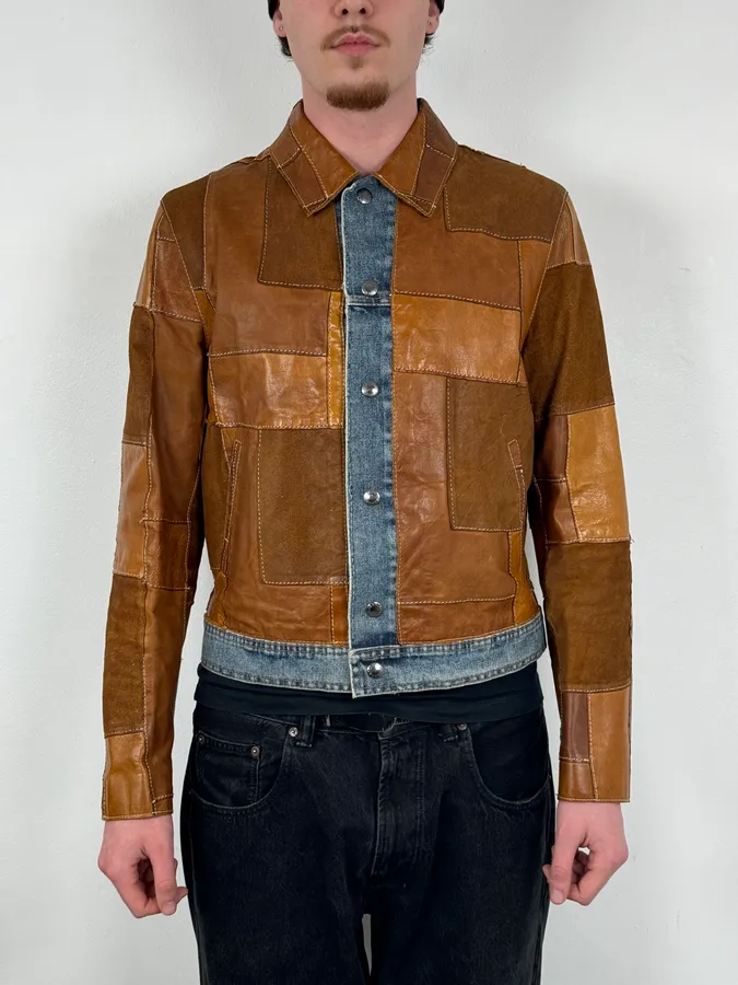 SS2001 Dolce & Gabbana Brown Patchwork Leather Denim Jacket - Image 2