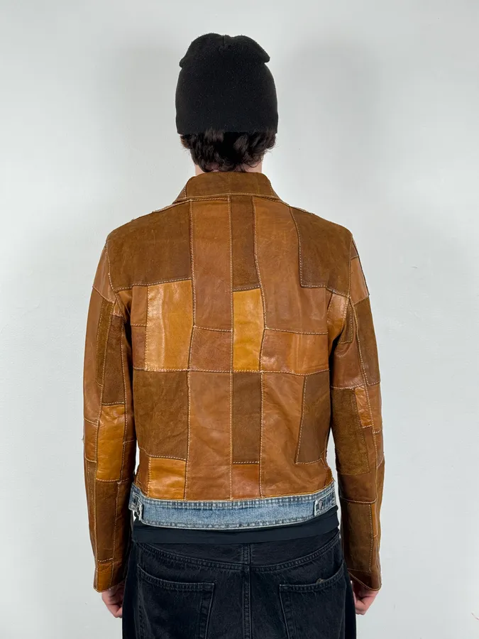 SS2001 Dolce & Gabbana Brown Patchwork Leather Denim Jacket - Image 3