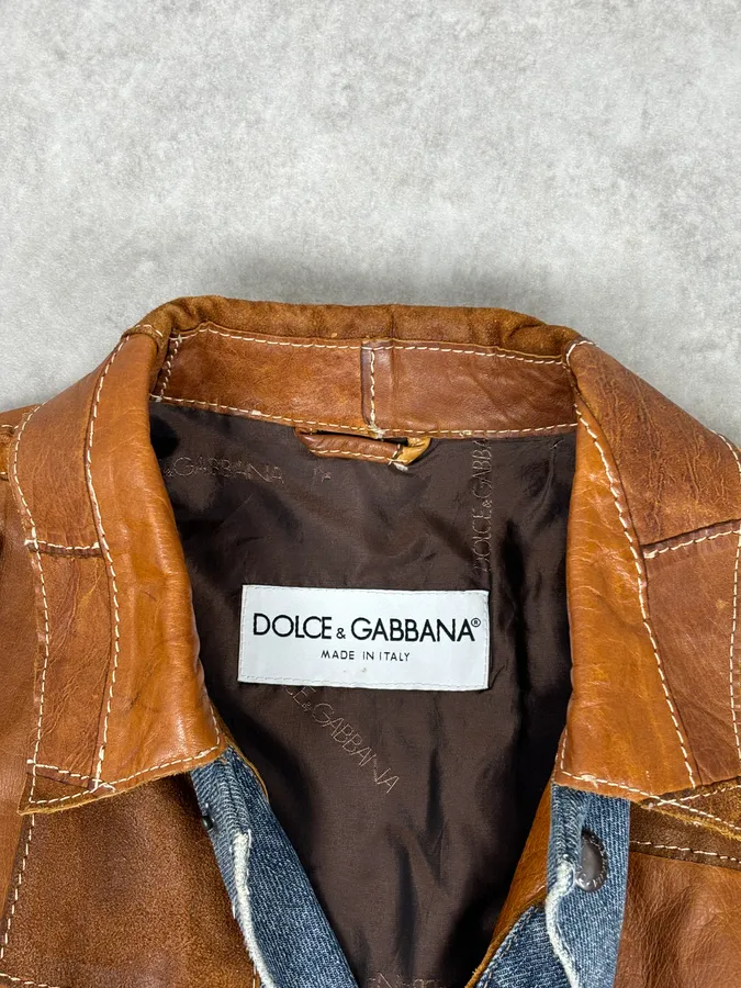 SS2001 Dolce & Gabbana Brown Patchwork Leather Denim Jacket - Image 4
