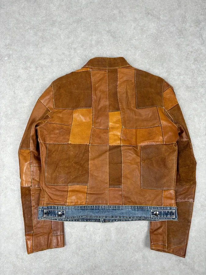 SS2001 Dolce & Gabbana Brown Patchwork Leather Denim Jacket - Image 5