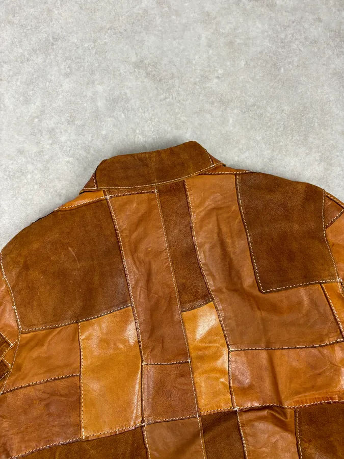 SS2001 Dolce & Gabbana Brown Patchwork Leather Denim Jacket - Image 6
