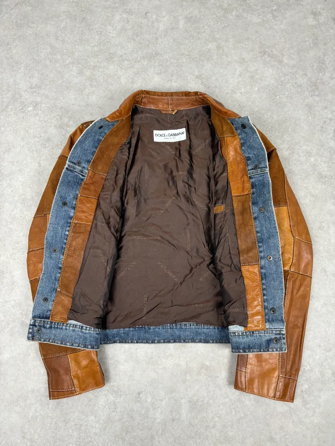 SS2001 Dolce & Gabbana Brown Patchwork Leather Denim Jacket - Image 7
