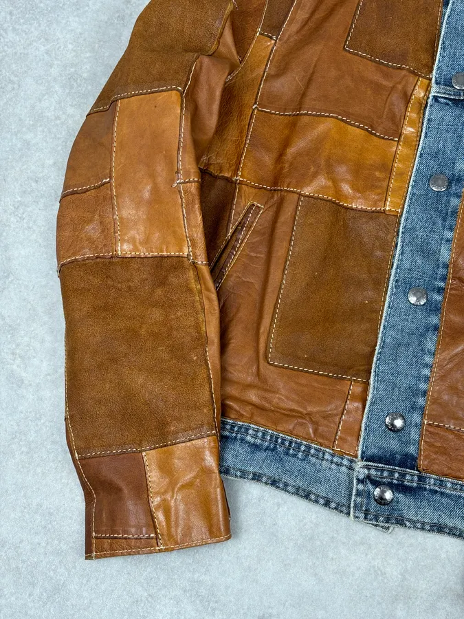 SS2001 Dolce & Gabbana Brown Patchwork Leather Denim Jacket - Image 8