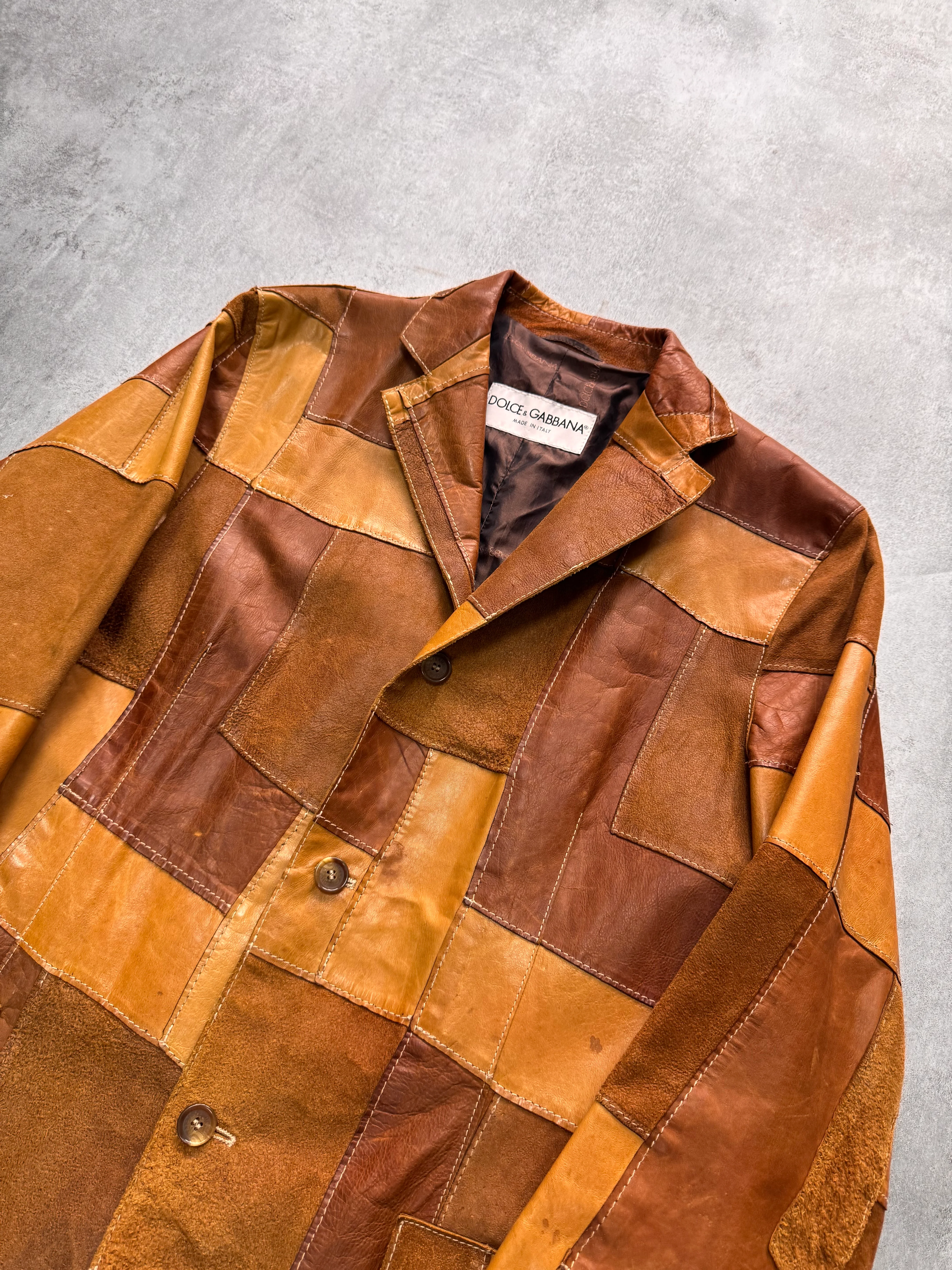 SS2001 Dolce & Gabbana Camel Patchwork Leather Suit Jacket - Image 2