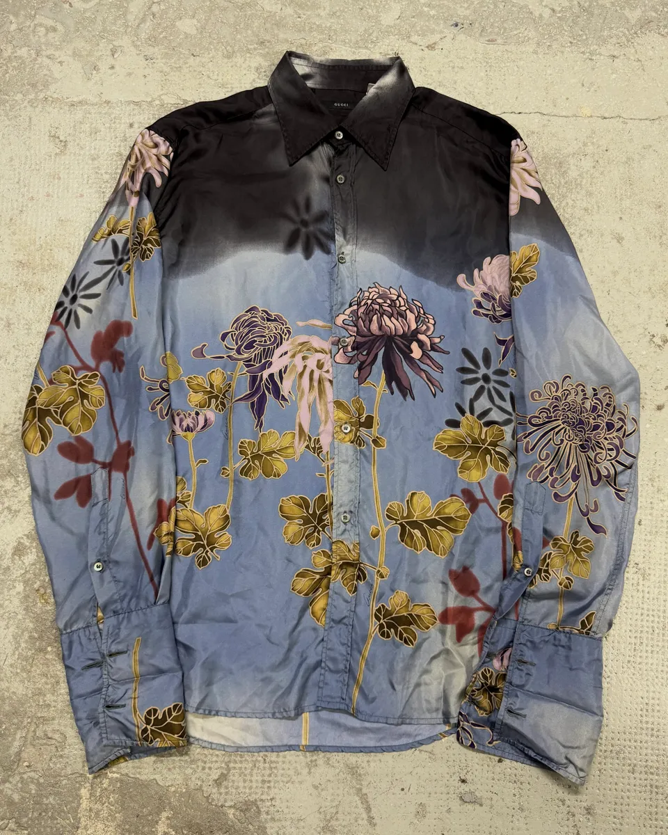SS2001 Gucci by Tom Ford Blue Floral Silk Button Up Long Sleeve Shirt