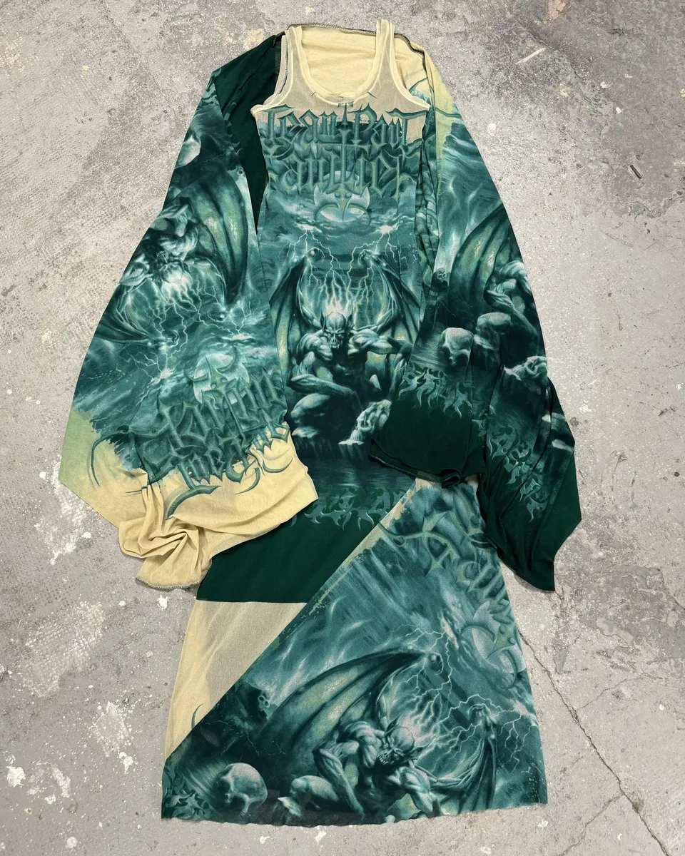SS2001 Jean Paul Gaultier Satanic Gargoyle Blue Mesh Dress & Sarong