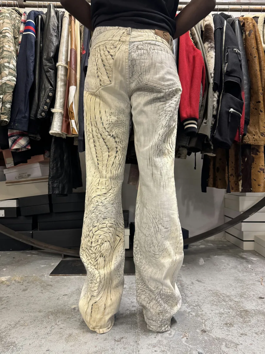 SS2002 Cavalli Beige Crocodile Effect Pants - Image 4