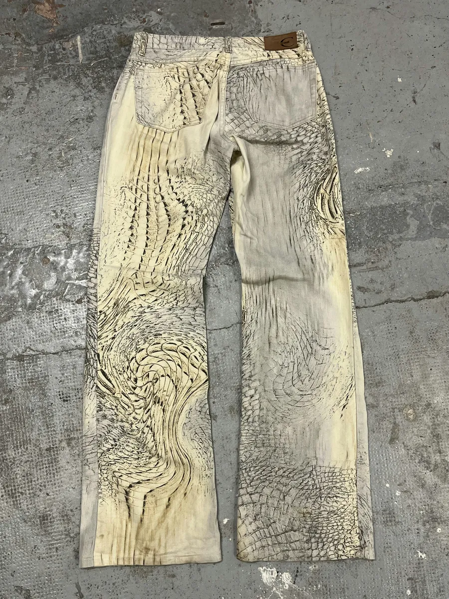 SS2002 Cavalli Beige Crocodile Effect Pants - Image 7