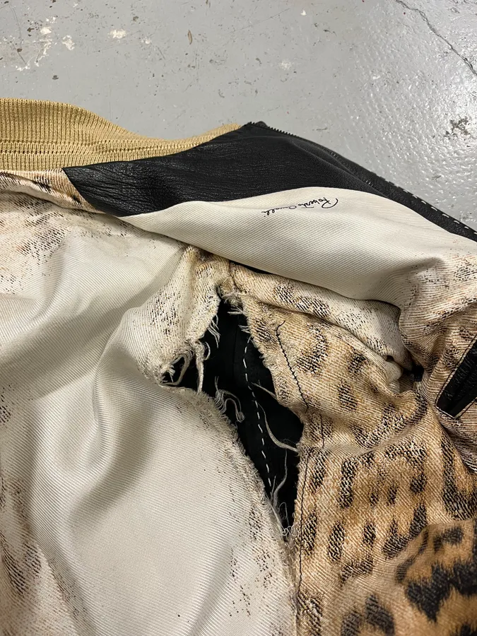 SS2002 Roberto Cavalli Black Leather Leopard Silk Lining Jacket - Image 11