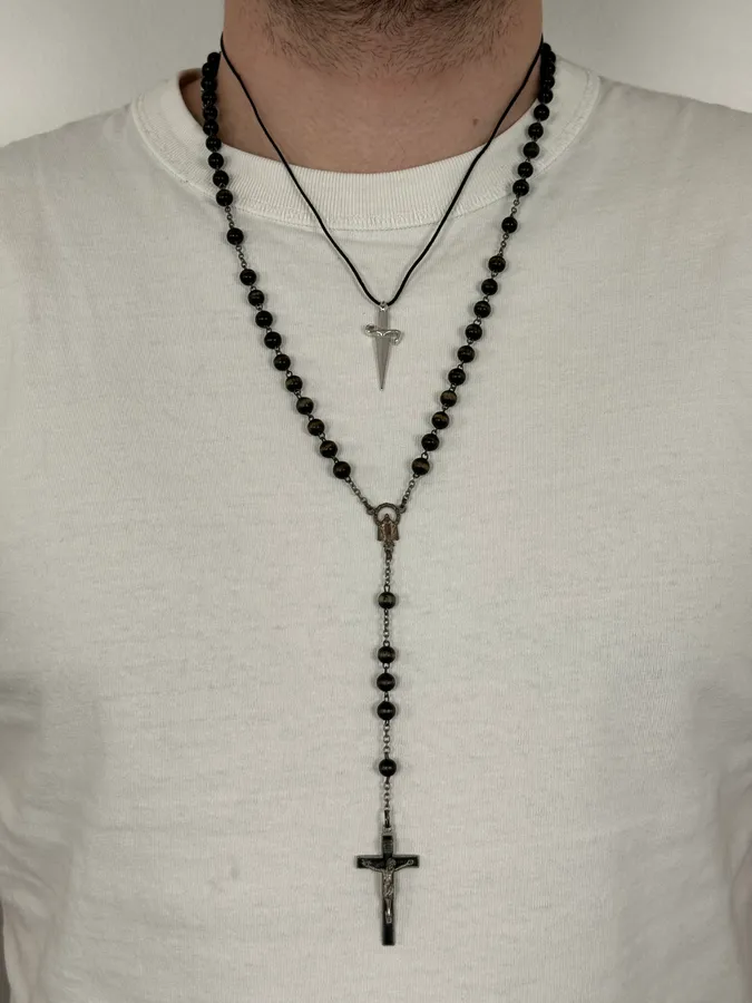 SS2003 Dolce & Gabbana Black & Brown Pearl Rosary Cross Necklace - Image 2