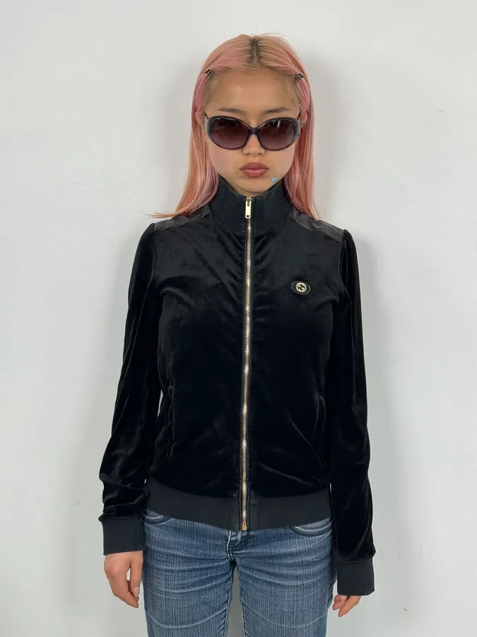 SS2003 Gucci Black Velvet GG Logo Zip Jacket - Image 2