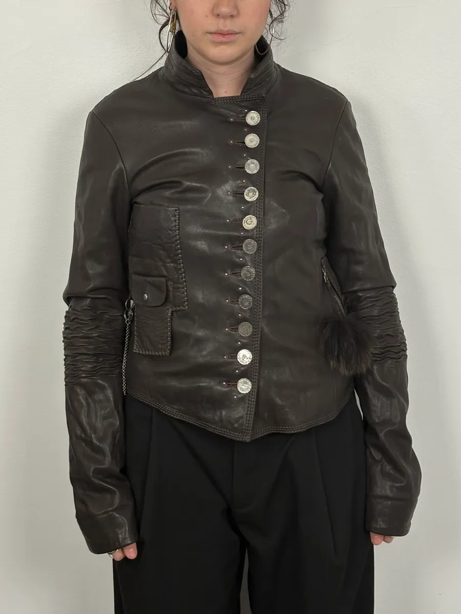 SS2003 Marithé + François Girbaud Brown Asymmetrical Buttoned Leather Jacket