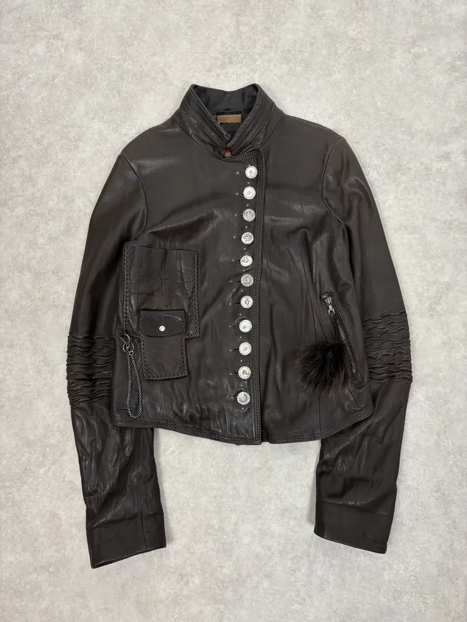 SS2003 Marithé + François Girbaud Brown Asymmetrical Buttoned Leather Jacket - Image 3